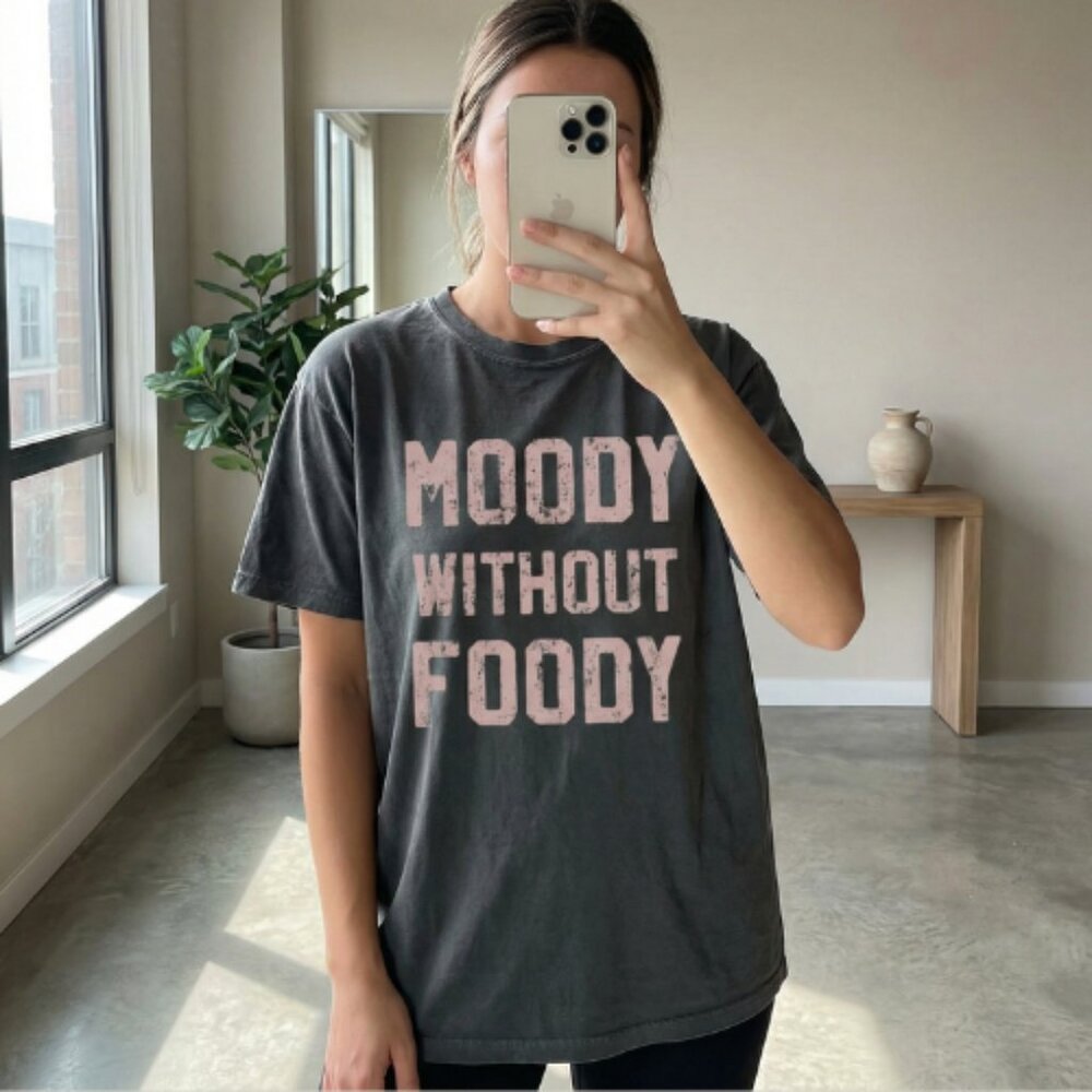 Moody Without Foody Graphic Tee Charcoal Pink Lettering Casual T-Shirt